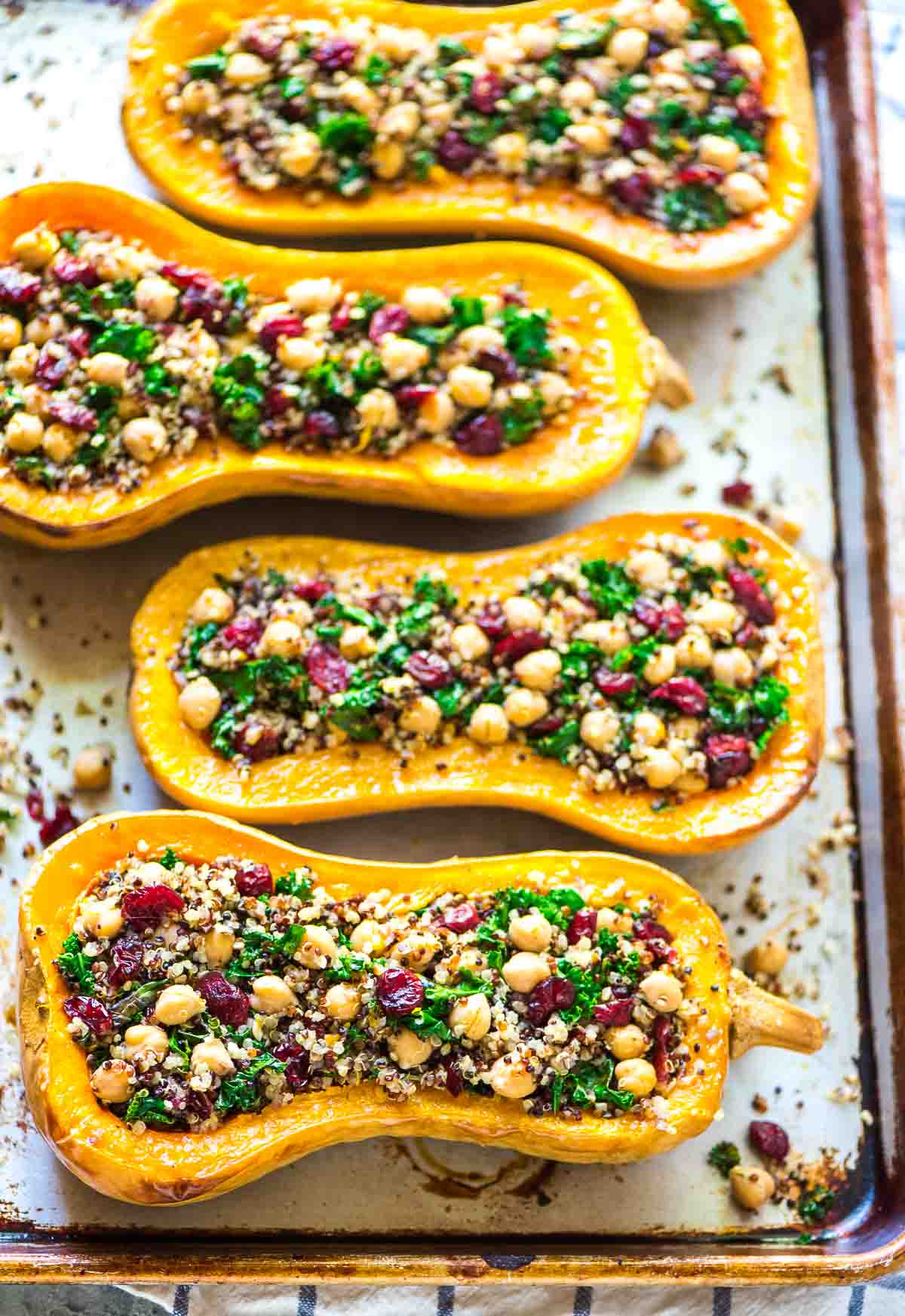 Stuffed Butternut Squash with Quinoa, Kale, Cranberries, and Chickpeas ...